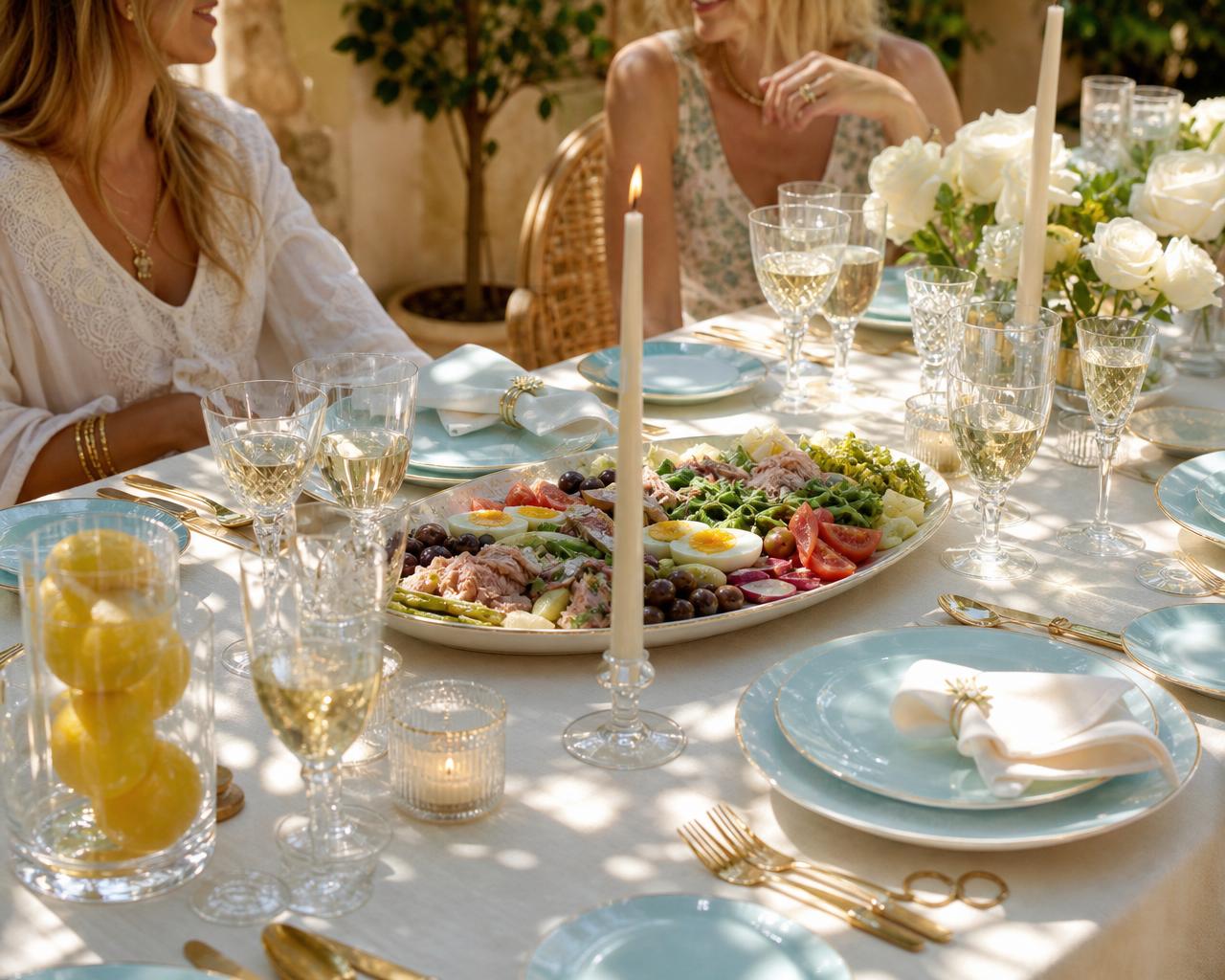 A sunlit Saturday summer girls' lunch table with Tiffany blue plates, white roses, lemons and a shared Niçoise salad