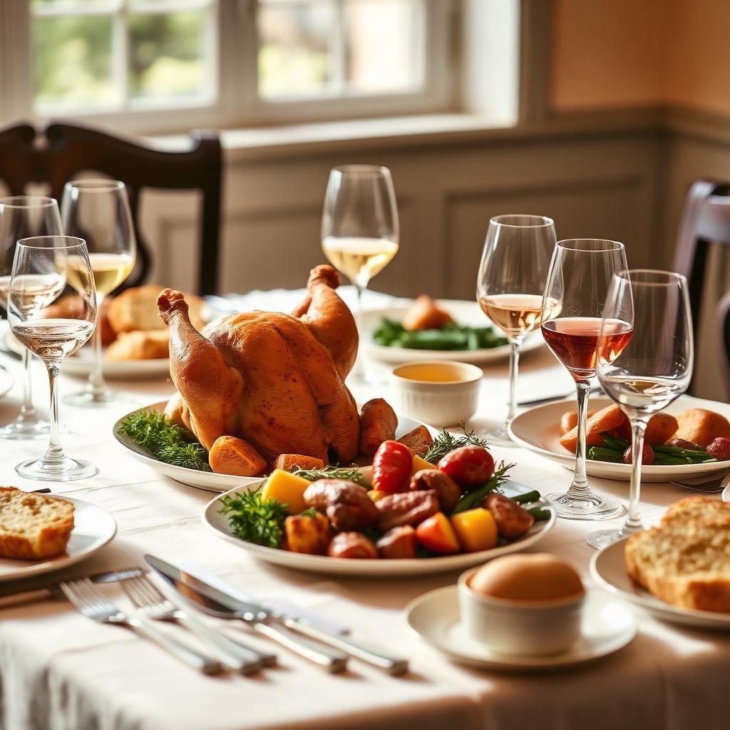 A Sunday roast table with roast chicken, potatoes, greens and a linen cloth