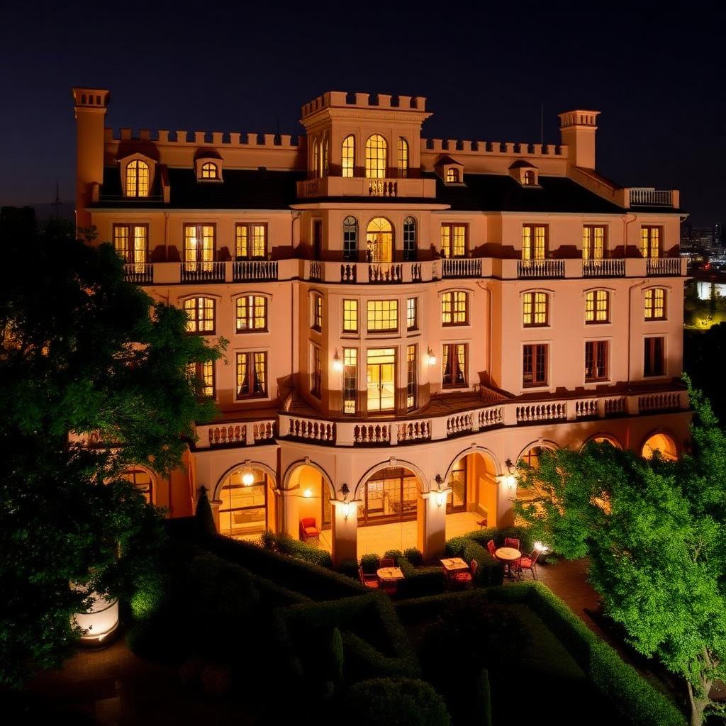 The Westcliff hotel in Parktown, Johannesburg at night — terracotta Mediterranean villa architecture with warm windows and terraced gardens