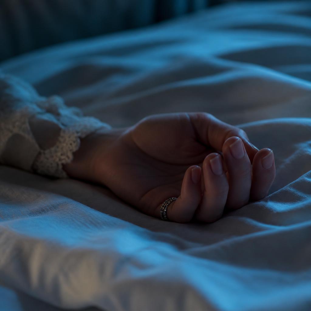 A woman's left hand resting on white bedsheets in pale blue moonlight, fingers curled and still