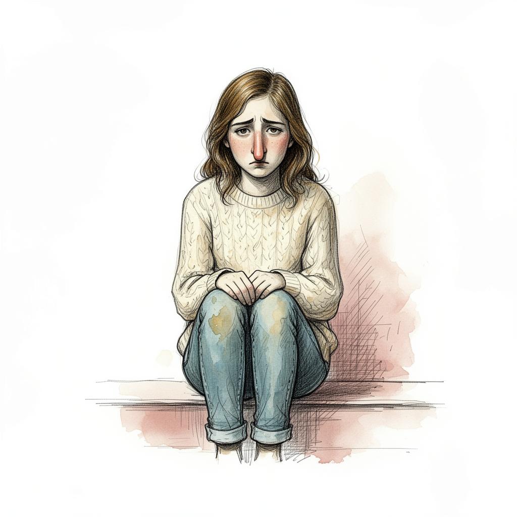A quiet illustration of a young woman sitting with her hands in her lap, eyes tired — the visual feeling of saying 'I'm fine' when you aren't