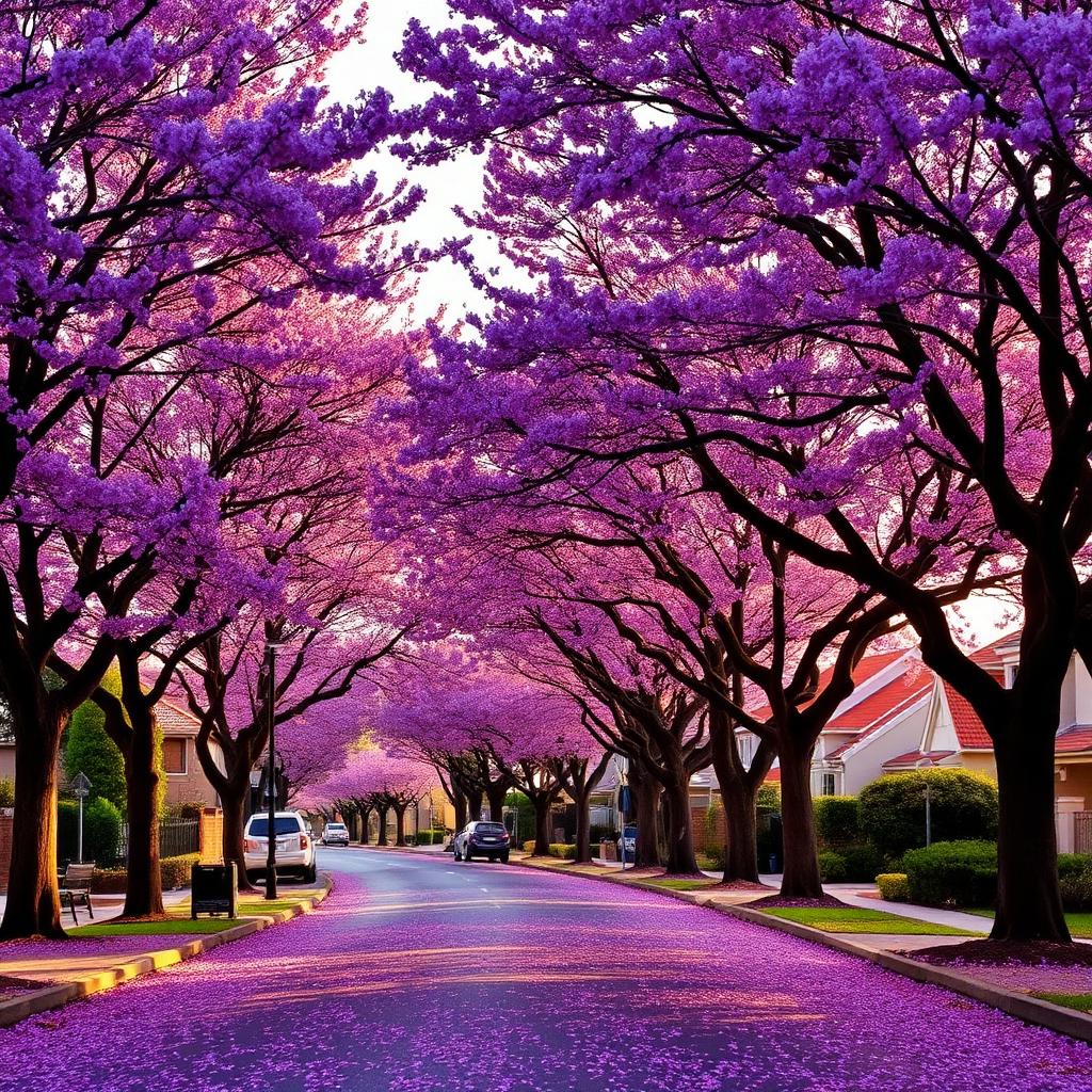 A Johannesburg street canopied by purple jacaranda trees in full bloom, blossoms carpeting the road