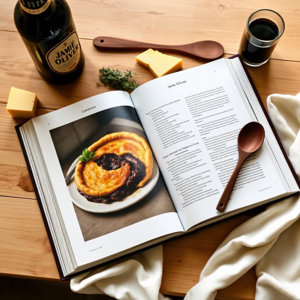 A well-loved Jamie Oliver cookbook open on a wooden kitchen counter beside a bottle of stout, cheddar and a wooden spoon