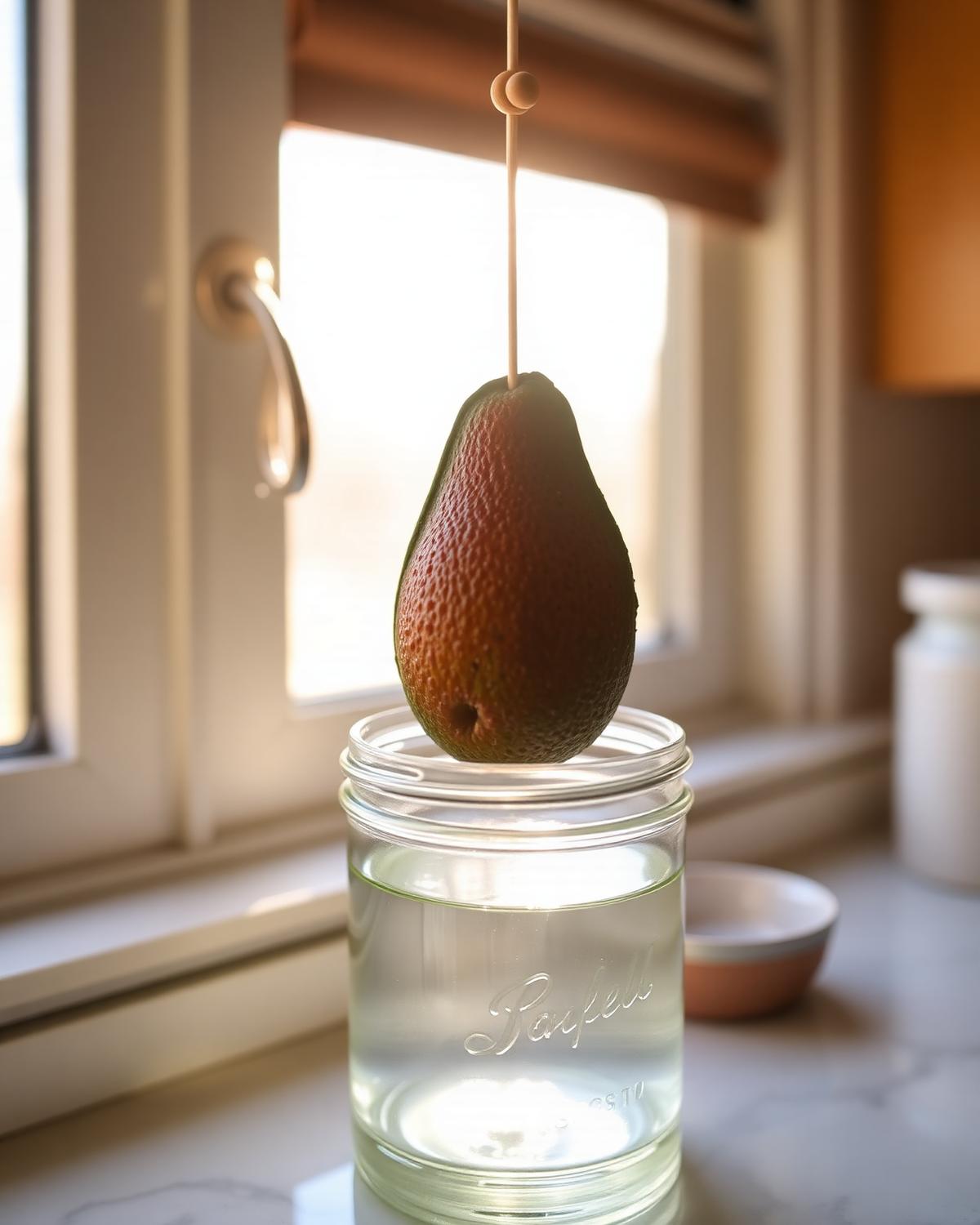 An avocado pip suspended by toothpicks over a glass jar of water on a sunlit kitchen windowsill