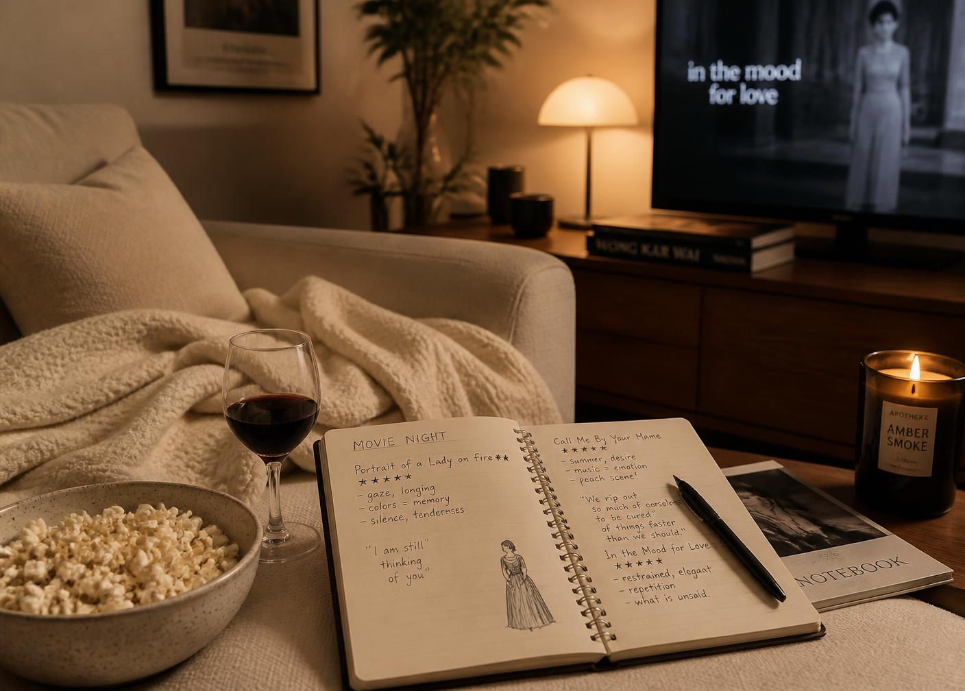 A cosy movie night — cream blanket, popcorn, a glass of red wine and a notebook of film notes by lamplight