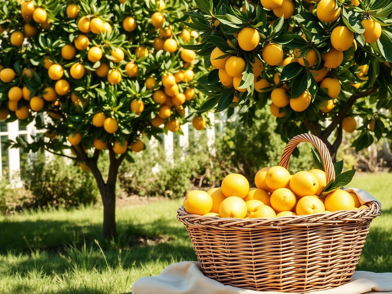 Two lemon trees heavy with fruit and a wicker basket overflowing with freshly picked lemons