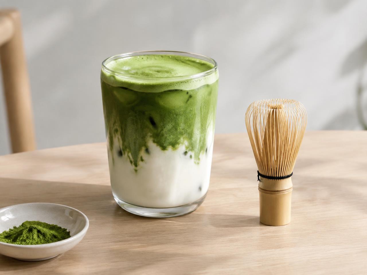 A tall iced matcha latte with layers of milk and bright green matcha, beside a bamboo whisk