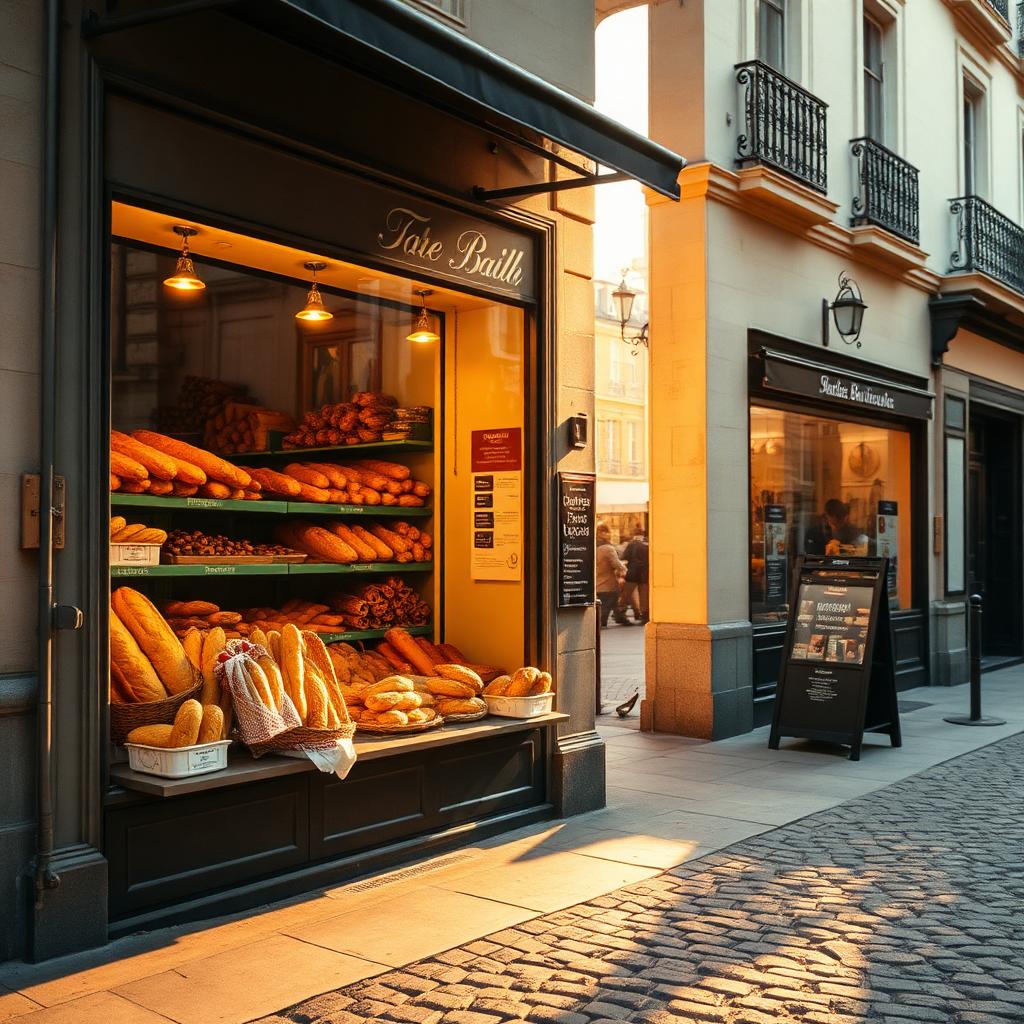Parisian bakery storefront at golden hour with baskets of baguettes in the window