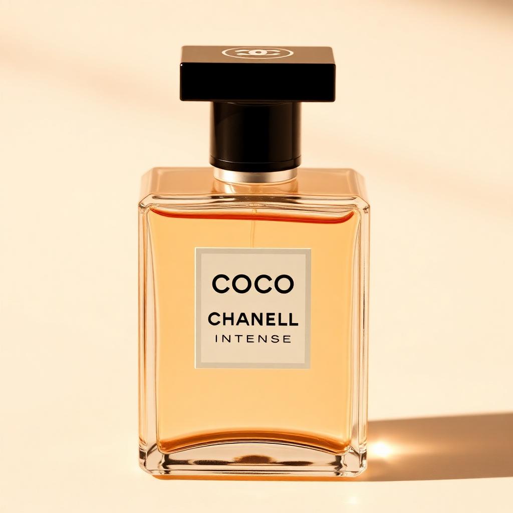 Chanel Coco Mademoiselle Intense perfume bottle on a warm cream background