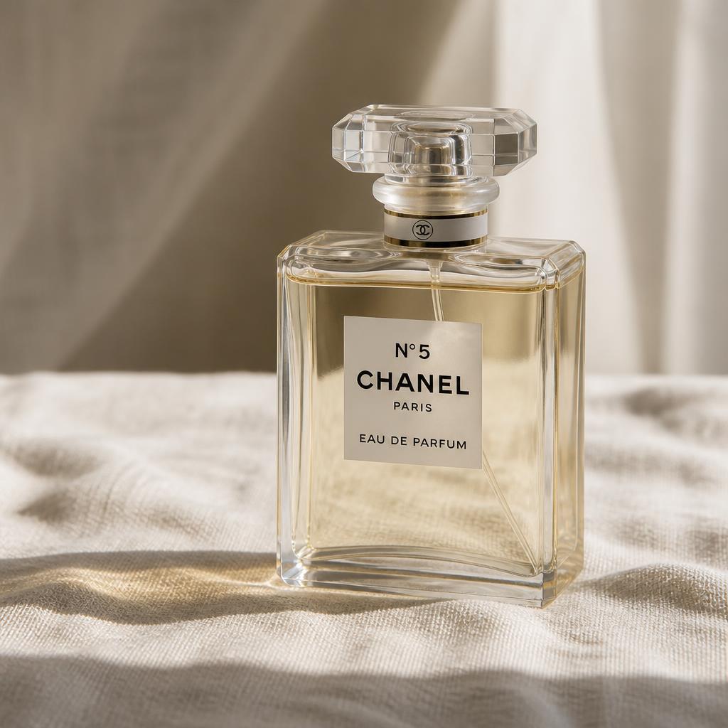 Chanel No. 5 eau de parfum bottle in clear faceted glass on cream linen