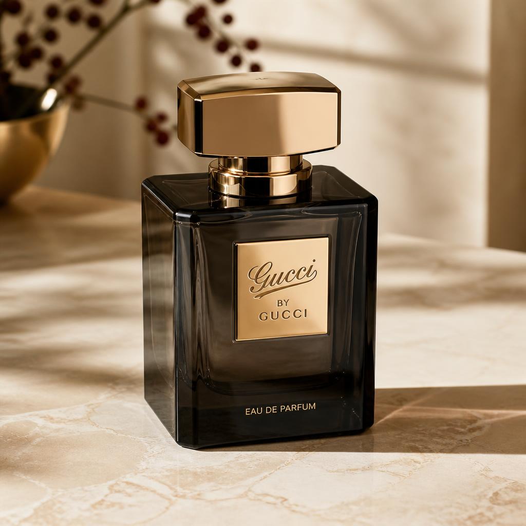 Gucci by Gucci eau de parfum — smoked dark glass bottle with gold cap and gold plaque