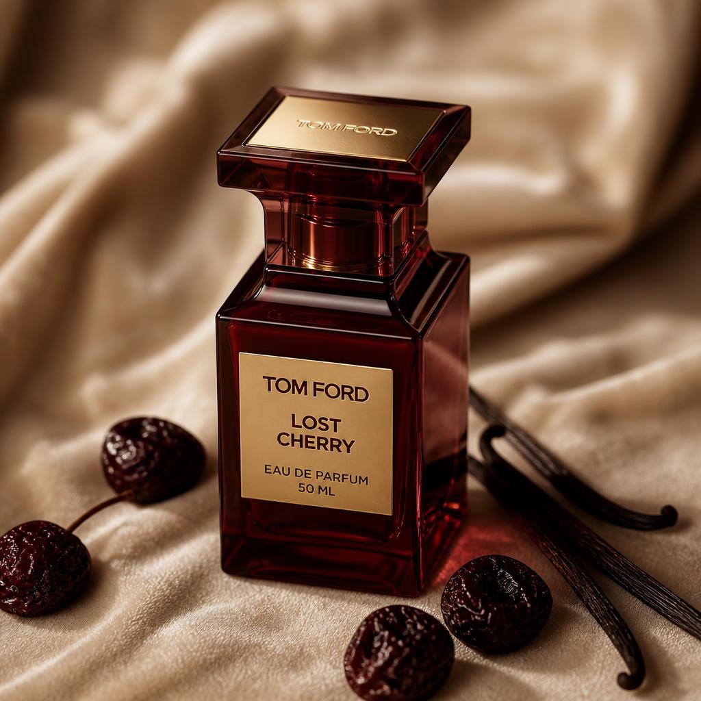 Tom Ford Lost Cherry eau de parfum bottle in deep red glass with gold label