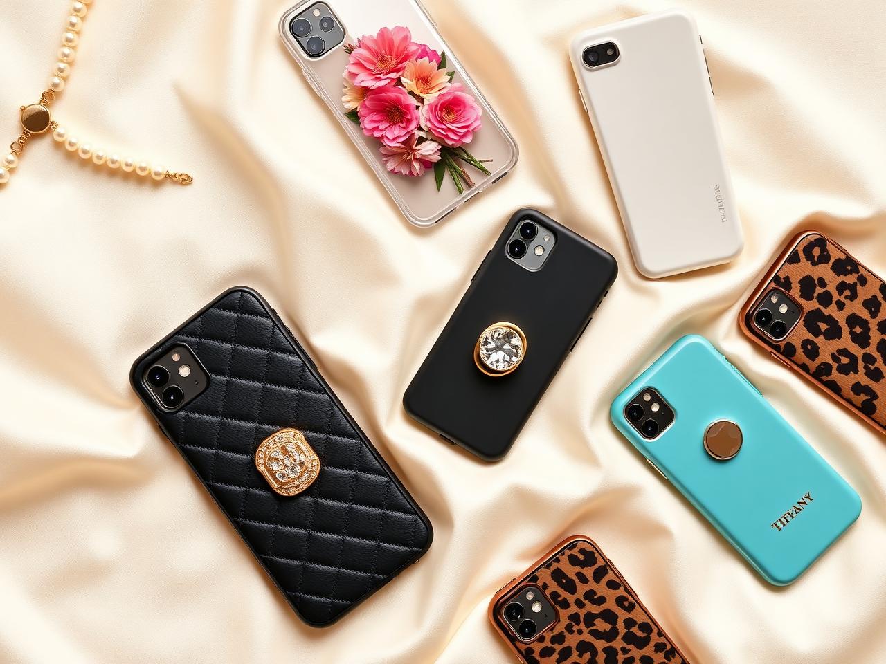 Editorial flat lay of luxury phone covers — quilted black with gold ring, Tiffany blue with crystal grip, pressed-flower clear case, leopard, pearl strap — on cream silk