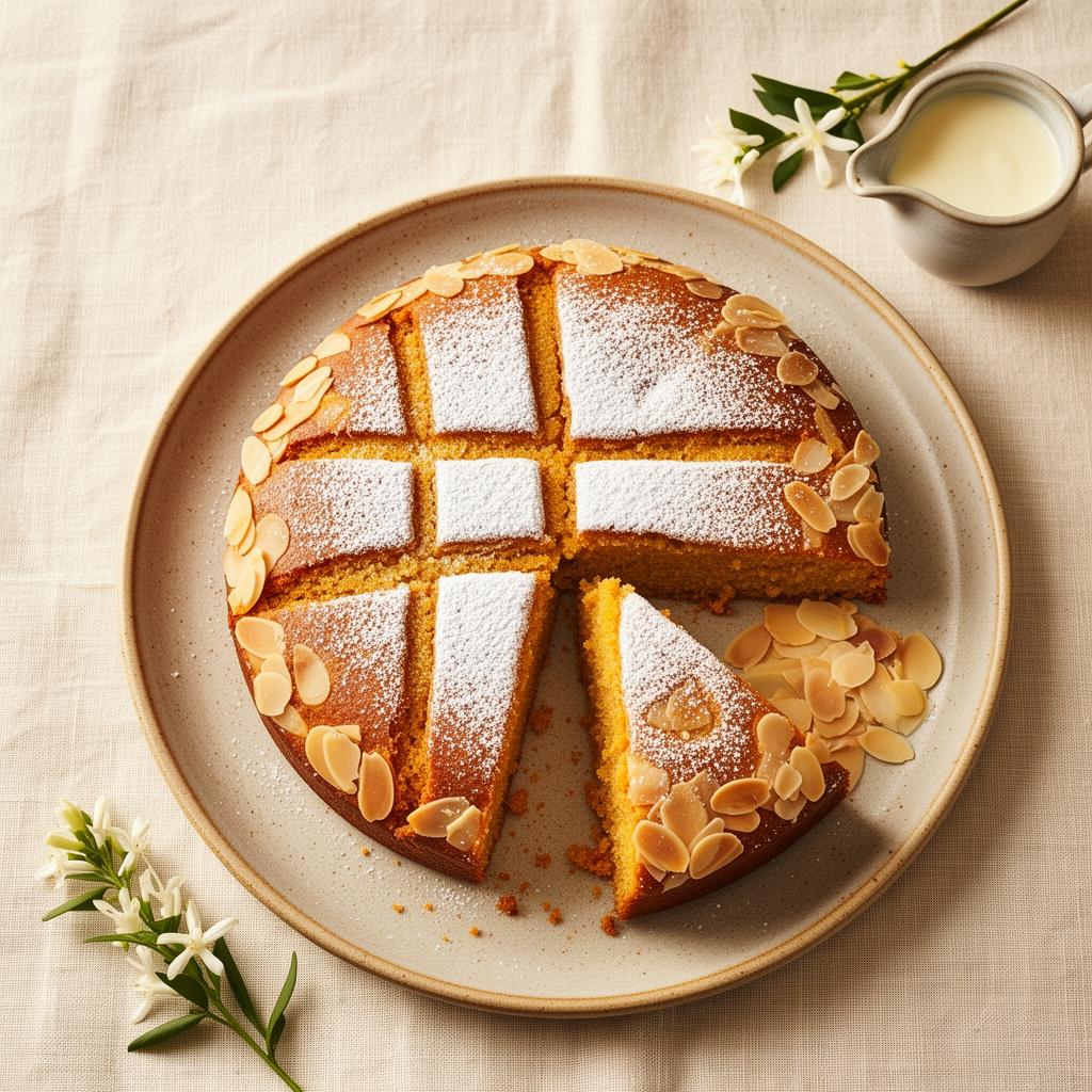 Spanish almond cake — tarta de Santiago — dusted with icing sugar in the cross of Saint James