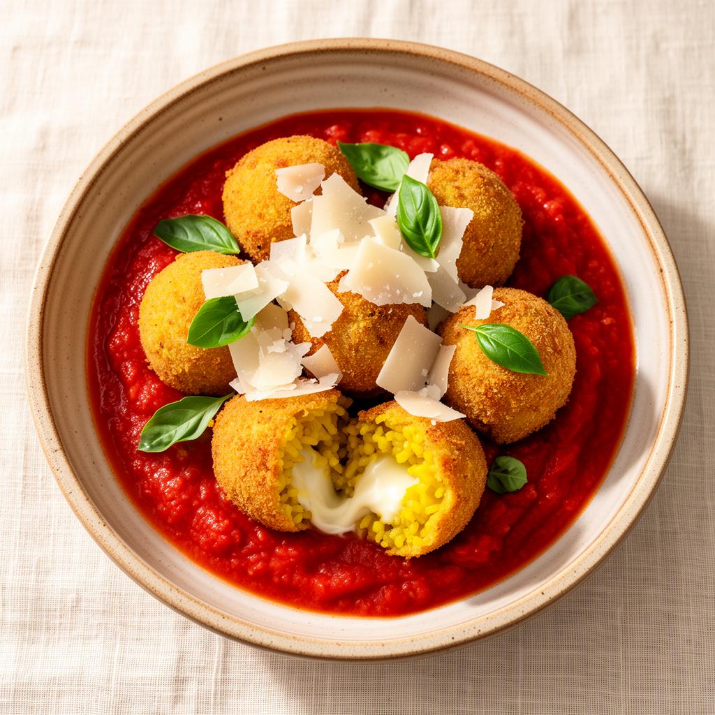 Golden panko-crumbed arancini in a bowl of rich neapolitana sauce, topped with shaved parmesan and fresh basil, one cut open to show molten mozzarella and saffron risotto