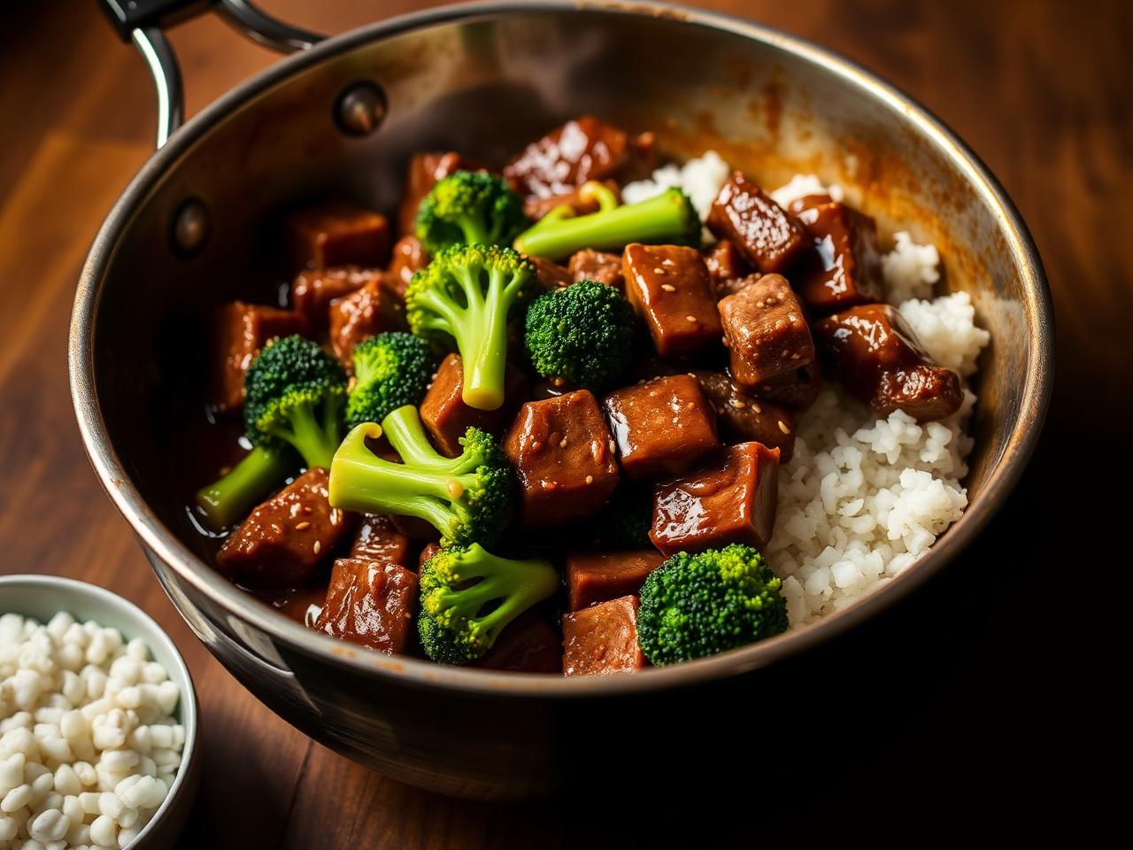Stir-fried beef with broccoli in glossy sauce with rice