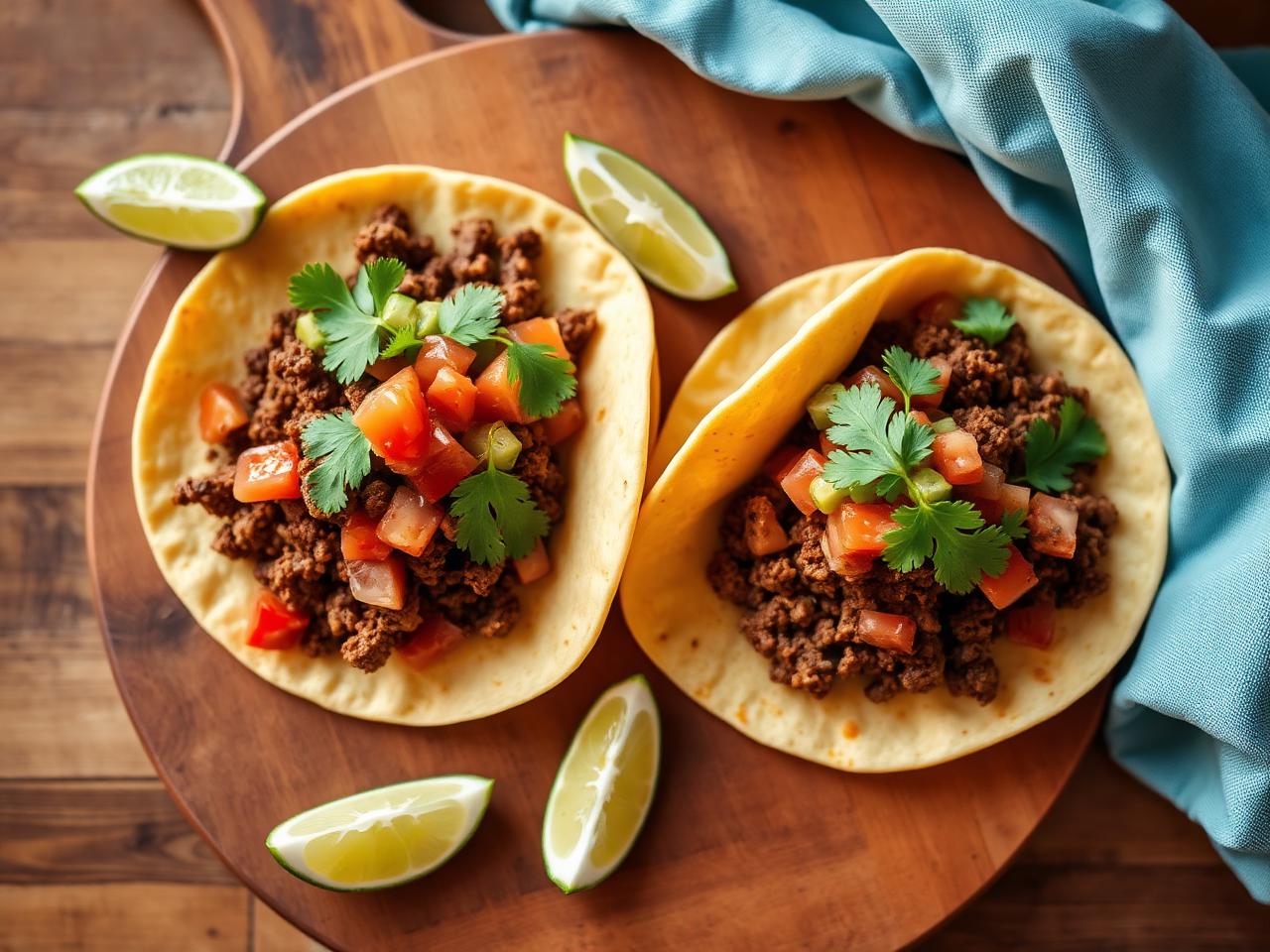 Minced beef tacos with guacamole, cream cheese, coriander and lime