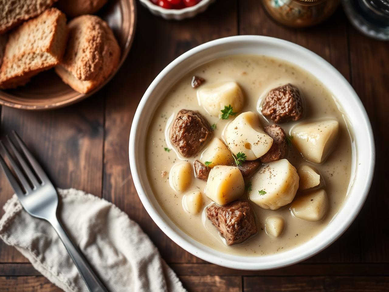 Cauliflower and lamb bredie in a white bowl with bread
