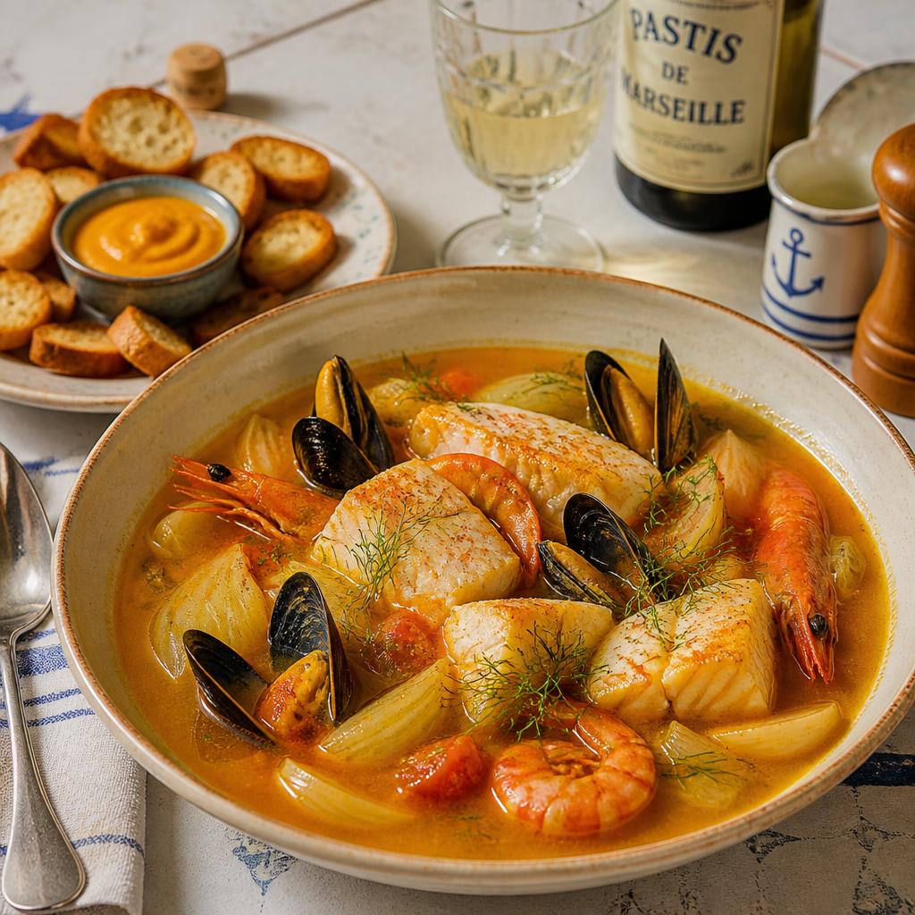 Saffron bouillabaisse with white fish, mussels and prawns, rouille croutons alongside