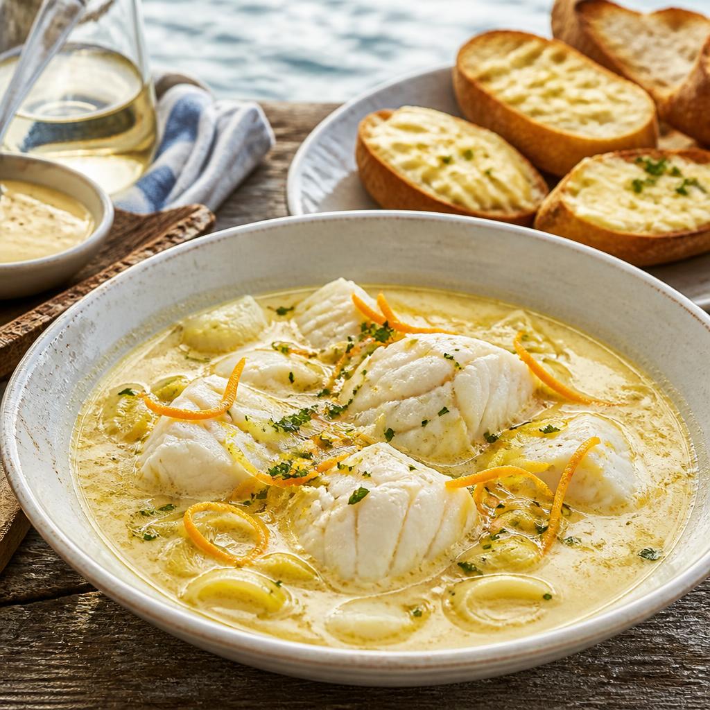 Pale golden bourride fish soup with kingklip chunks, leeks and aioli toasts