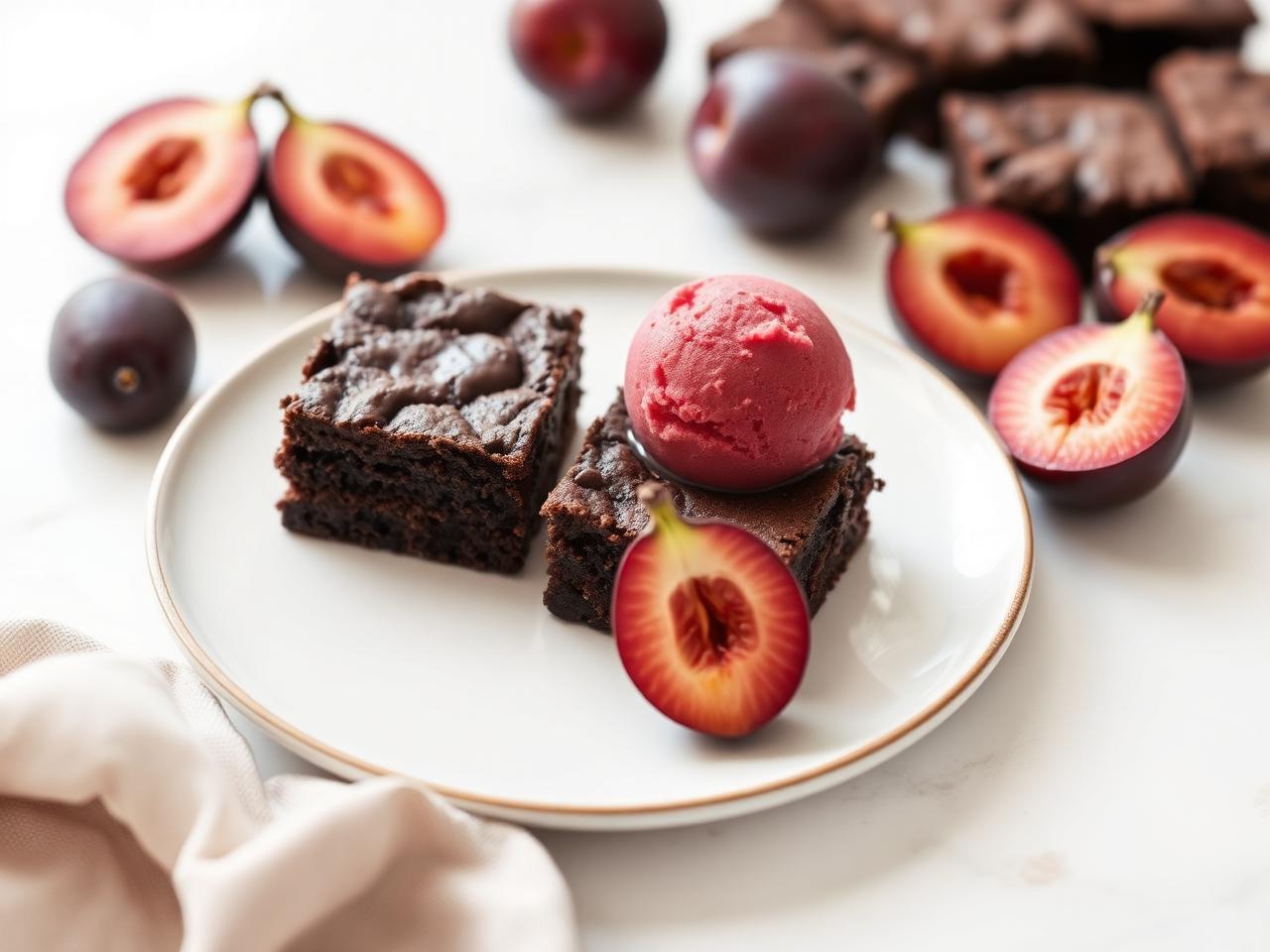 Chocolate brownie squares with a scoop of pink plum sorbet