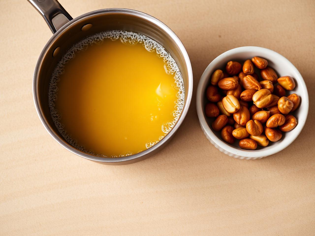 Golden burnt butter foaming in a pan beside a bowl of candied pine nuts