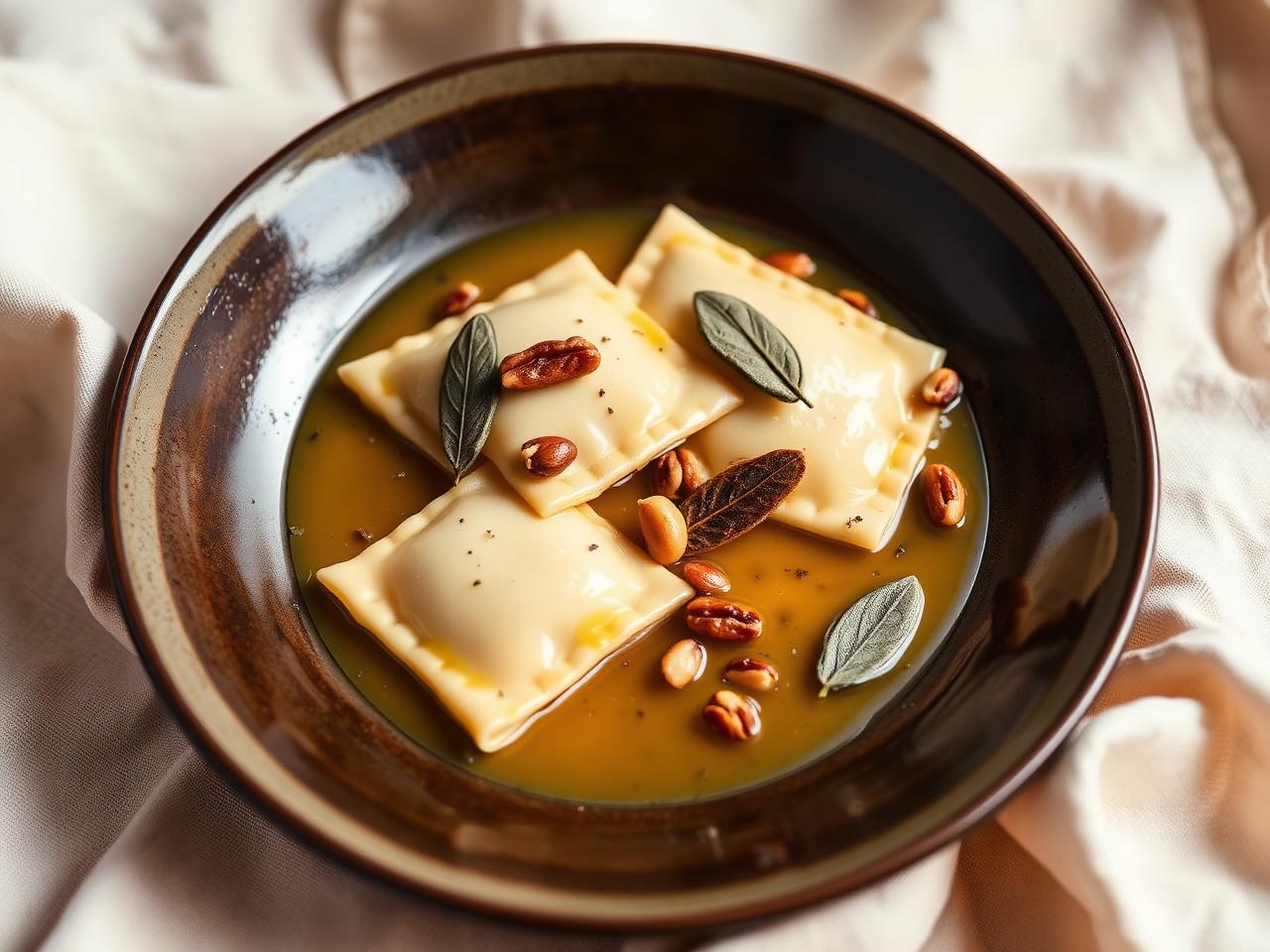 Butternut and ricotta ravioli in burnt butter sauce with pine nuts and sage
