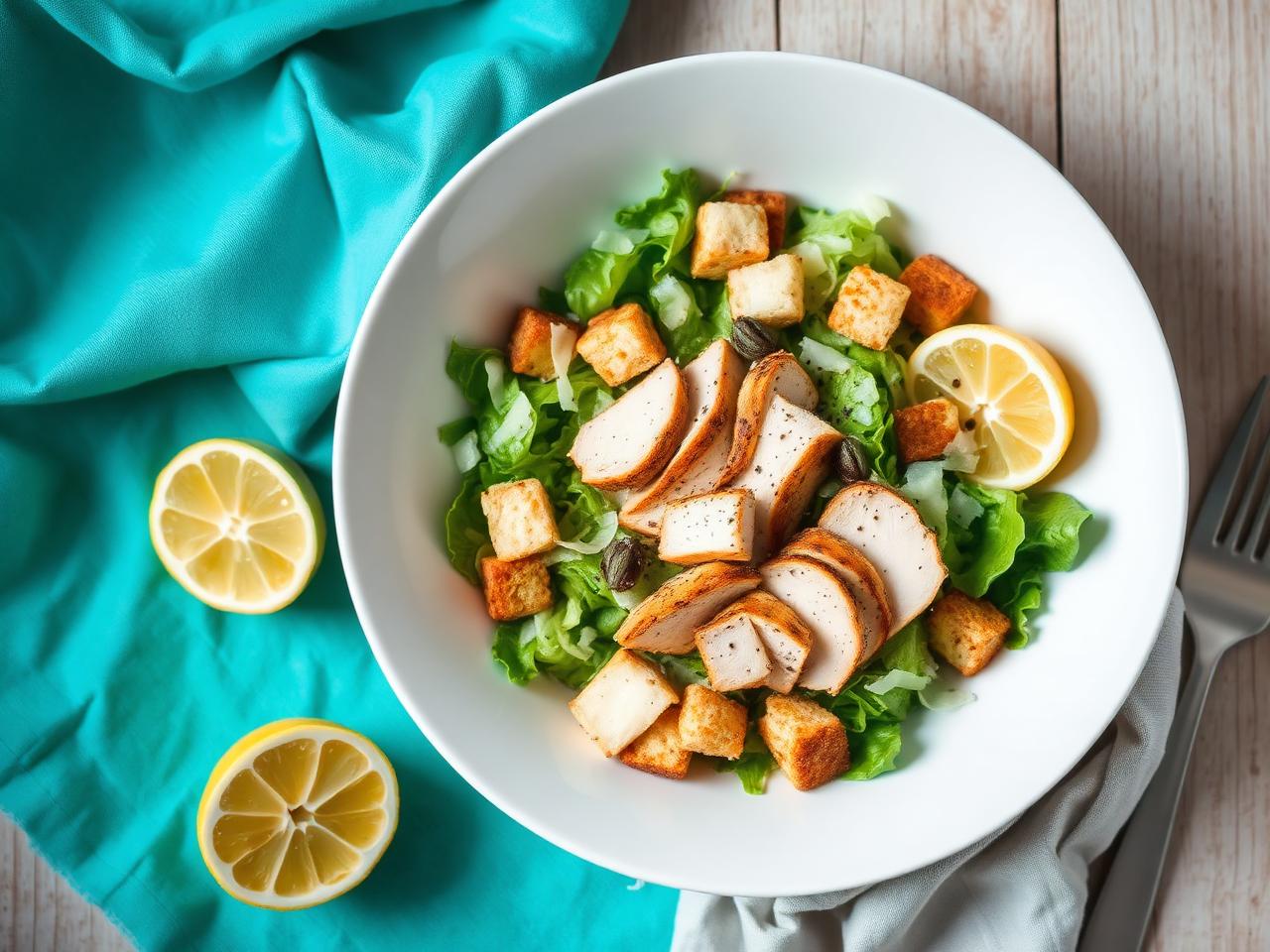 Chicken Caesar salad with croutons, parmesan and lemon