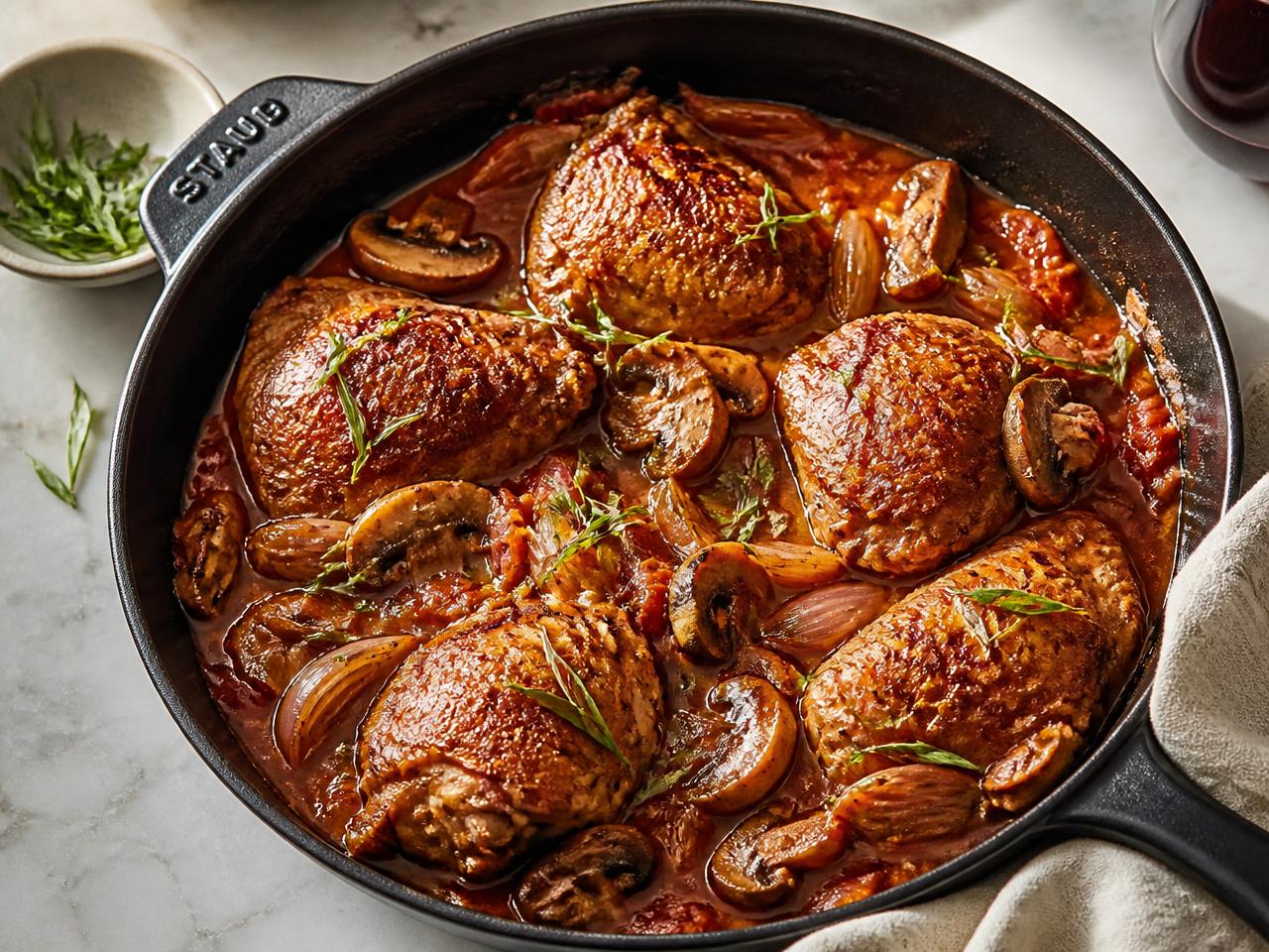 Chicken chasseur in a cast-iron pan with mushrooms, shallots and tarragon in a glossy tomato and wine sauce
