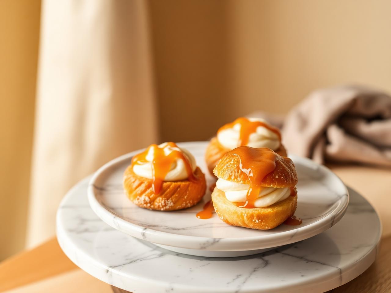 Golden choux buns filled with bananas Foster cream and drizzled with caramel