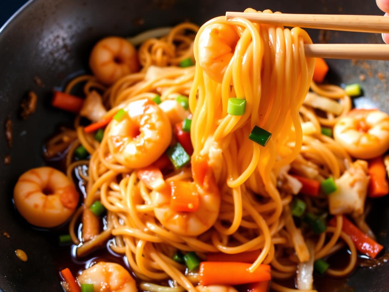 Chow mein noodles with prawns and vegetables in a wok