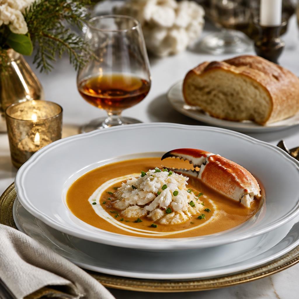 Silky orange crab bisque in a white bowl with picked white crab meat, cream and chives