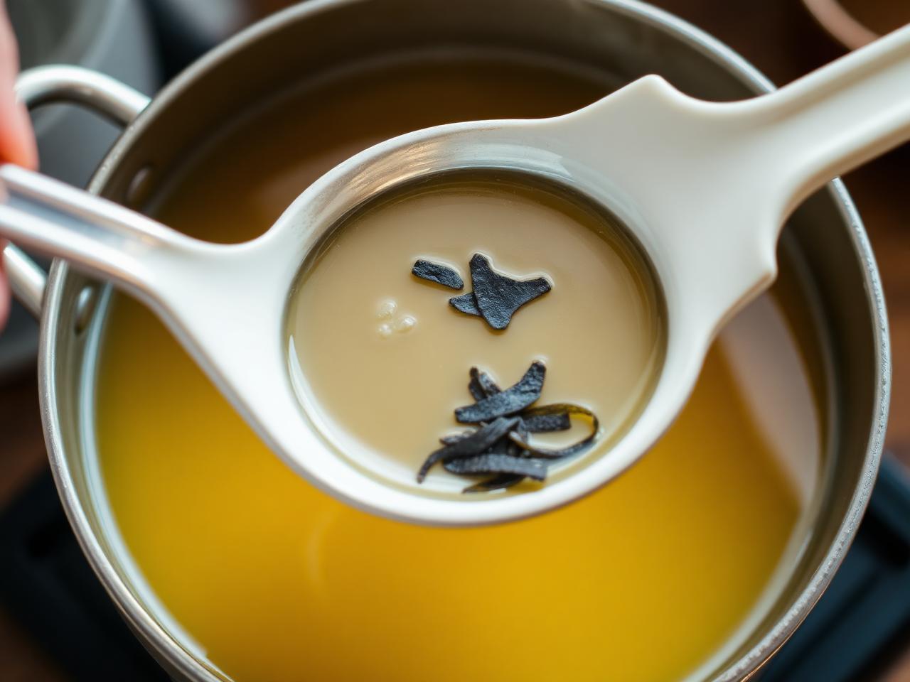 Golden Japanese dashi stock being strained