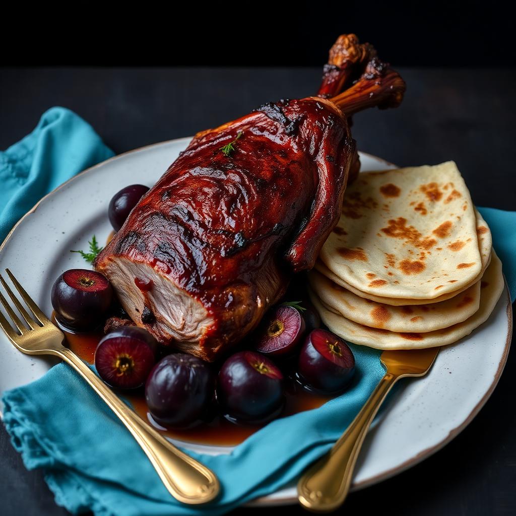 Roast spiced duck lacquered with star anise and muscovado, served with jammy roast plums and a stack of blistered spring onion pancakes