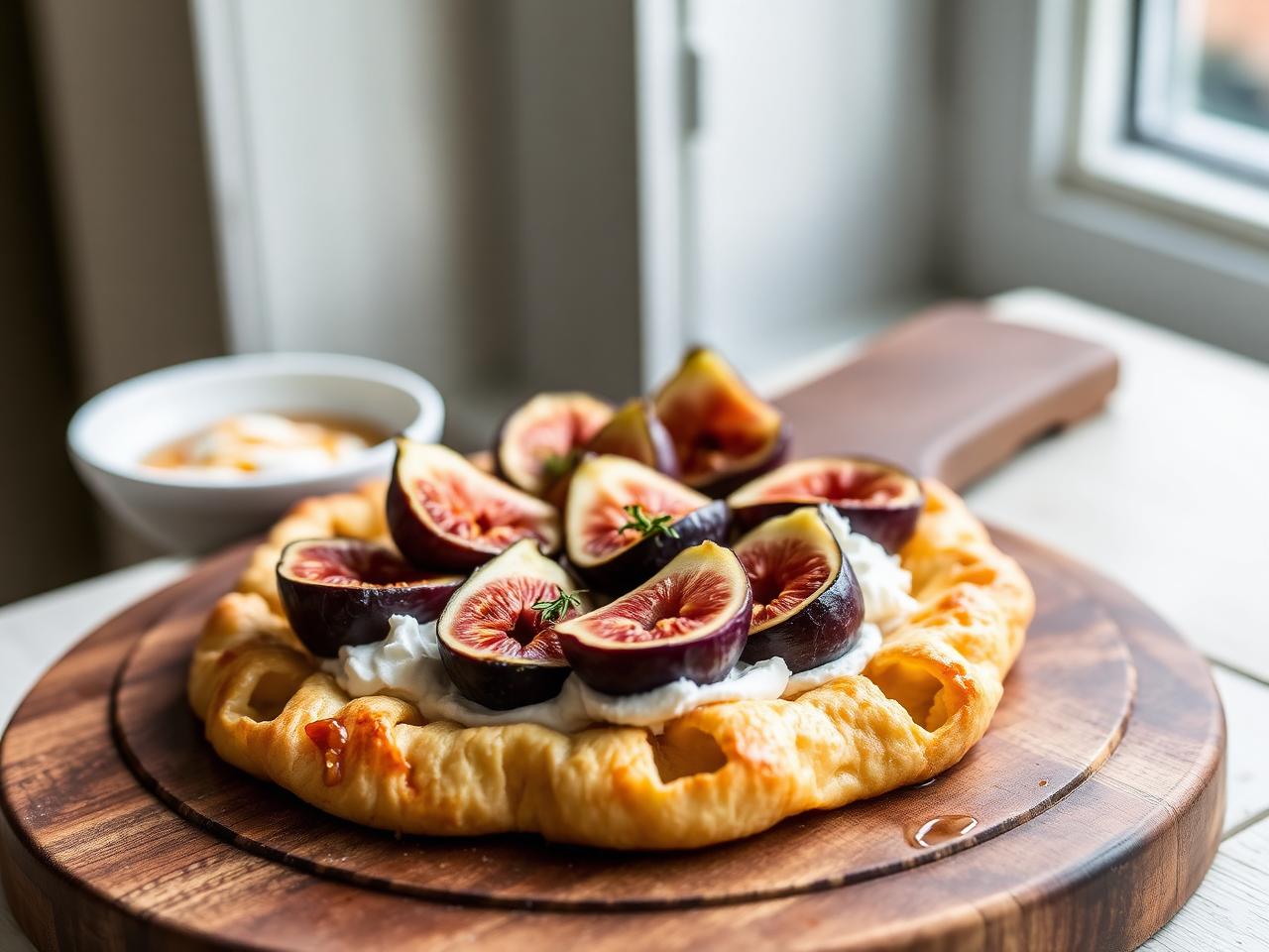 Warm fig and ricotta tart with hot honey drizzle on a wooden board