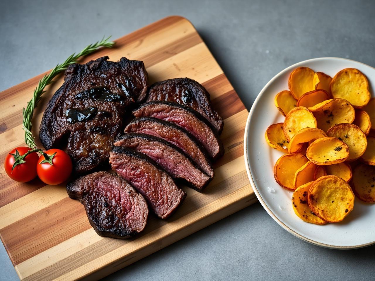 Sliced Florentine T-bone on a wooden board with baby vine tomatoes and polenta chips