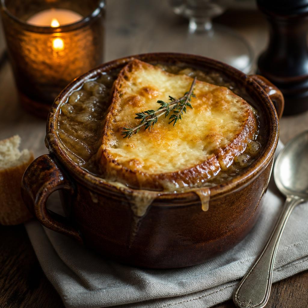 French onion soup in a brown crock with a bubbling golden gruyere and baguette crust