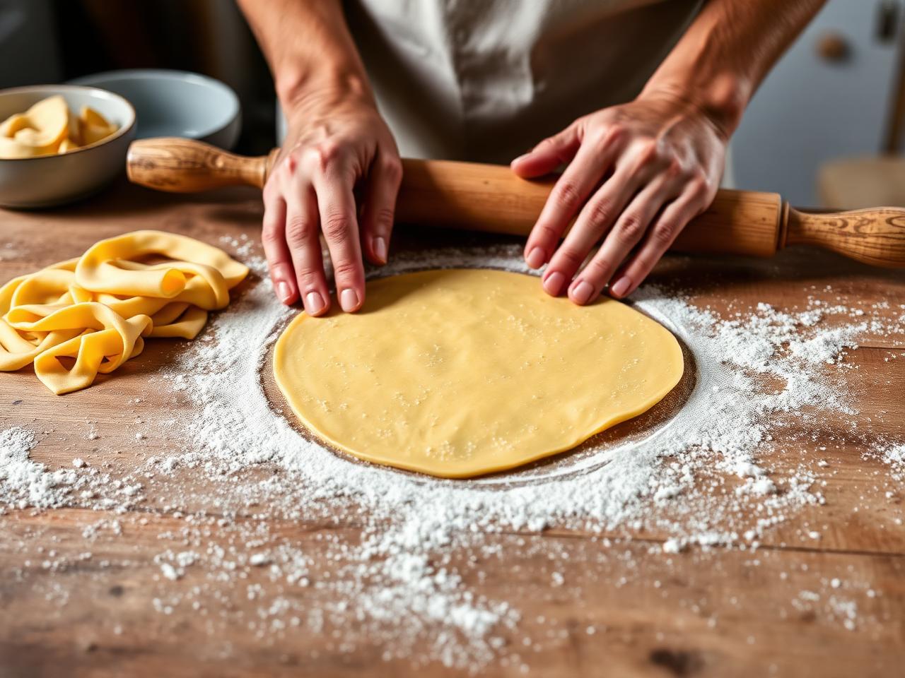 Hands rolling fresh golden egg pasta dough on a floured wooden board