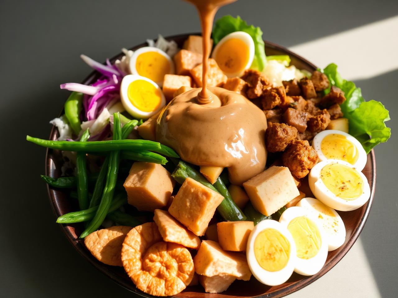 Gado gado salad platter with peanut sauce, egg and tofu