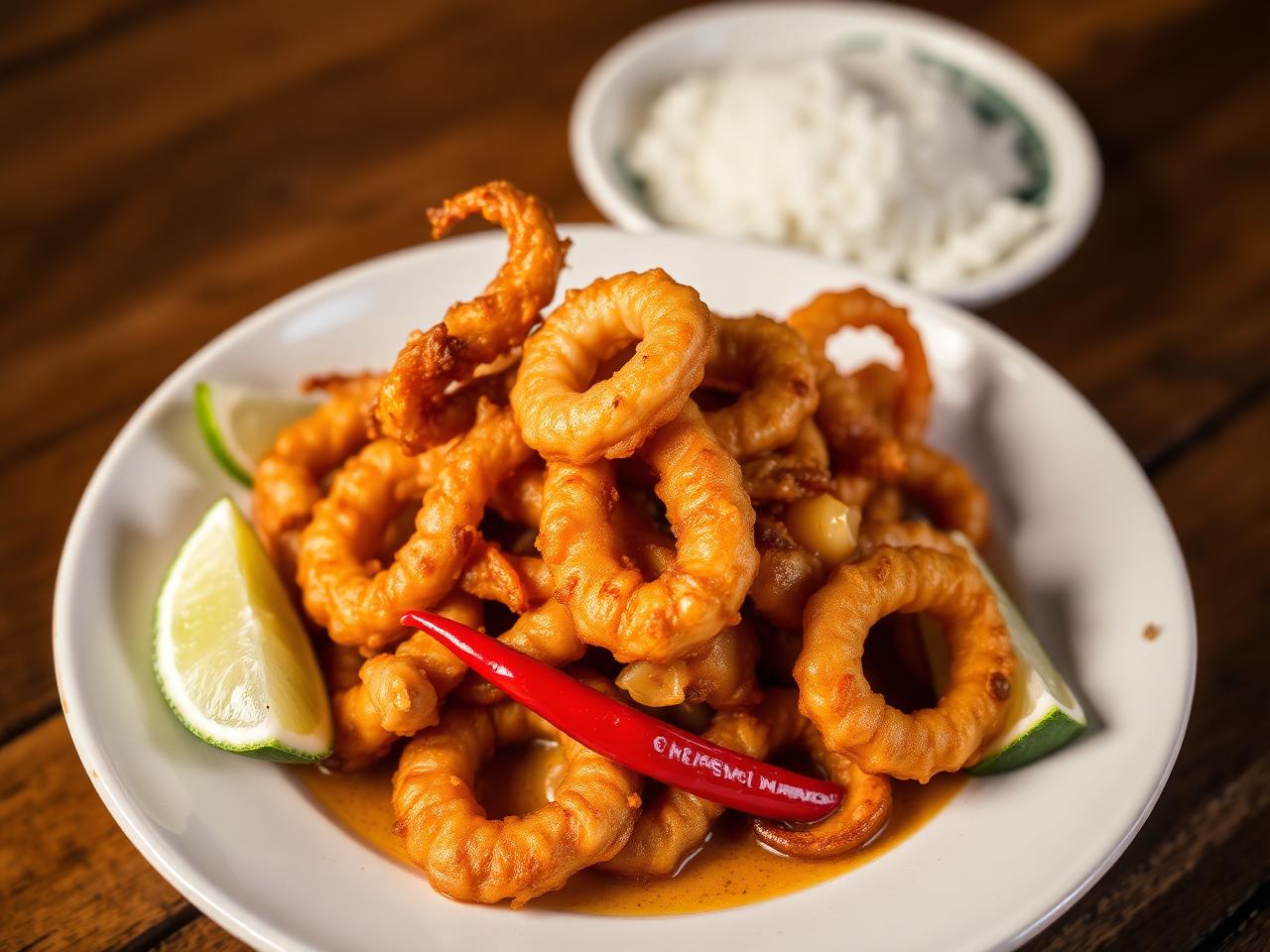 Crisp golden fried squid rings with lime and chilli