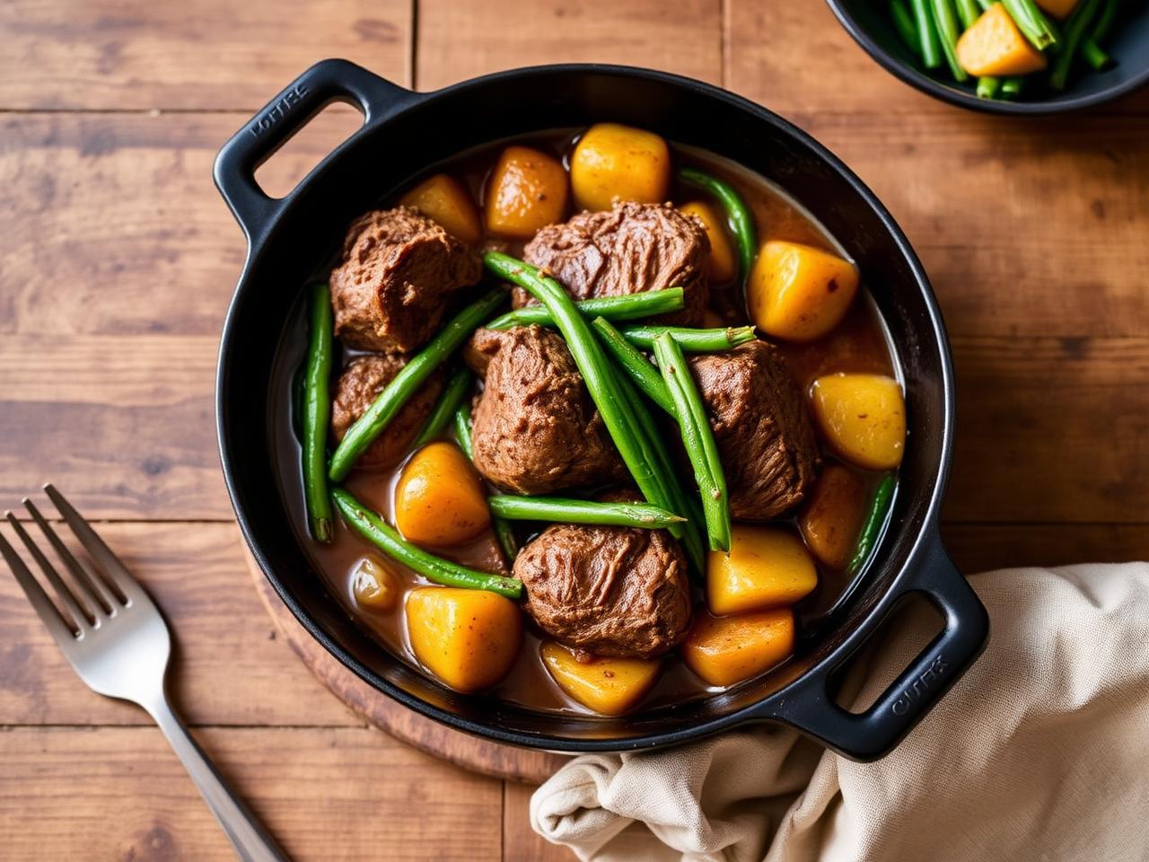Green bean and lamb bredie with potatoes in a black cast iron pan