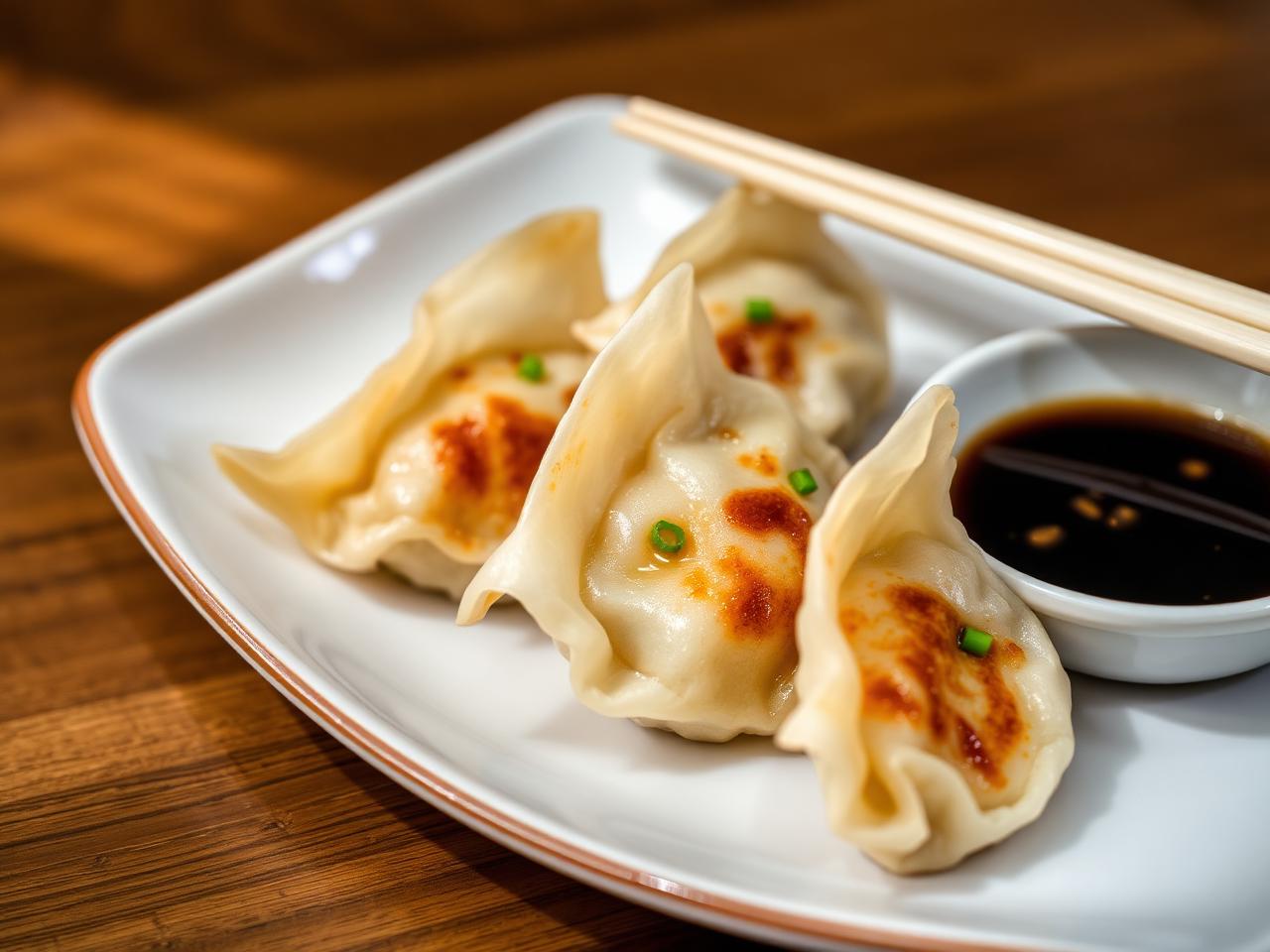 Pan-fried gyoza dumplings with crisp bases and dipping sauce