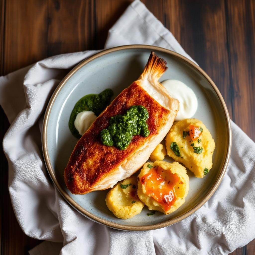 Harissa-battered hake, chimichurri & smashed potatoes