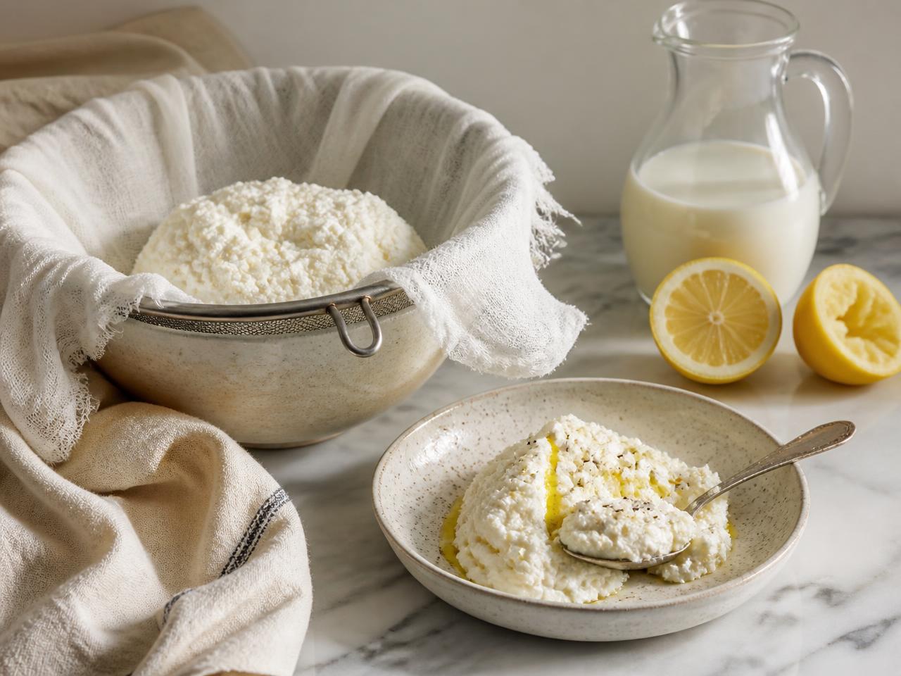Fresh homemade ricotta draining in a muslin-lined sieve beside a bowl of curds drizzled with olive oil