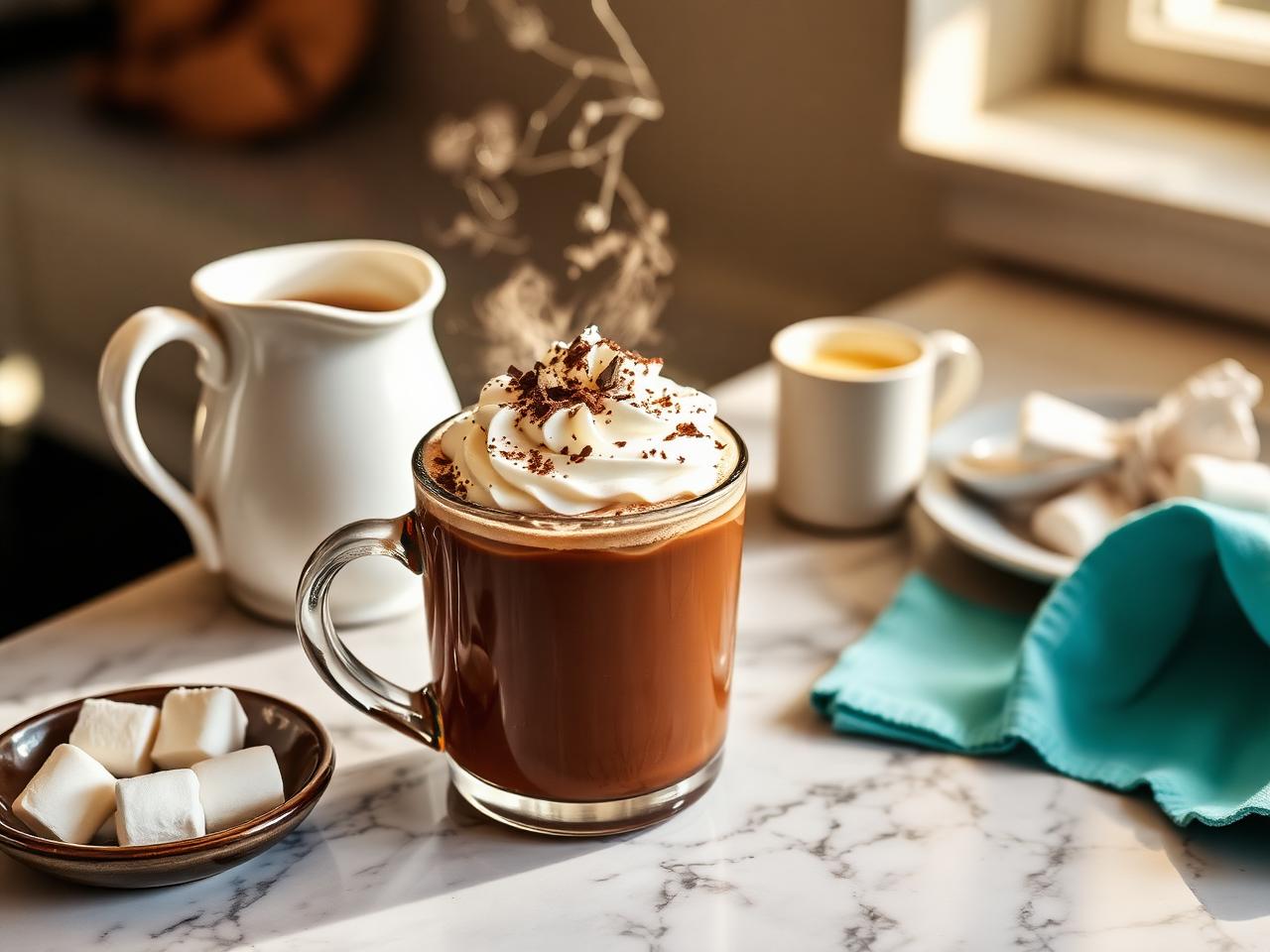 A steaming glass mug of indulgent hot chocolate topped with whipped cream and shaved chocolate, with marshmallows and a Tiffany blue napkin nearby