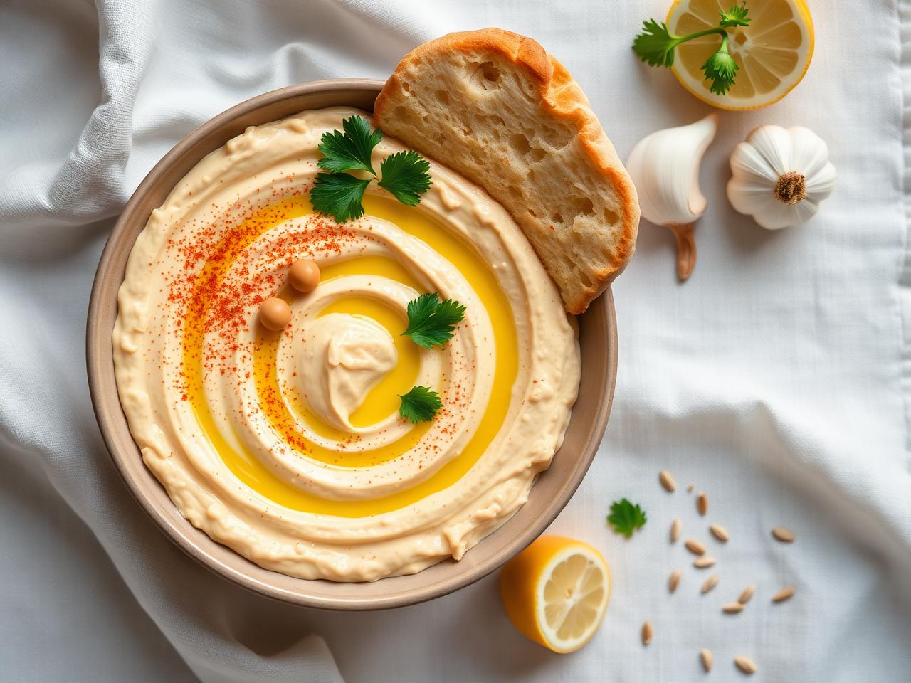 Hummus — velvet, lemon, and a lot of garlic
