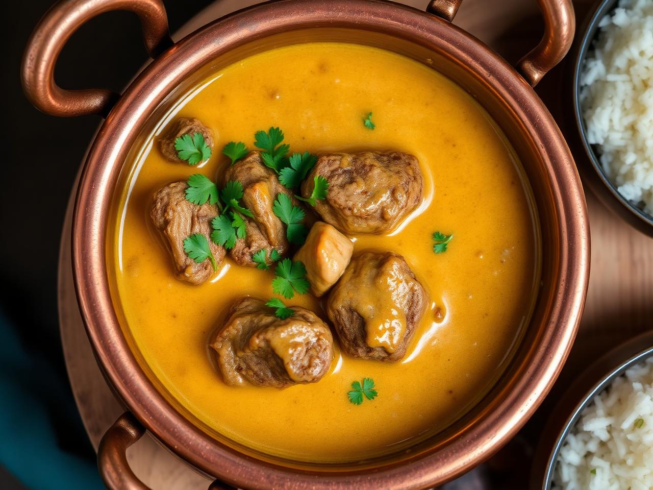 Malaysian lamb korma in a copper pot with rice