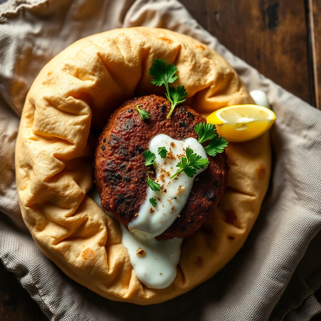Spiced Middle Eastern lamb kofta patty in a puffed warm pita with yoghurt sauce dripping and fresh parsley