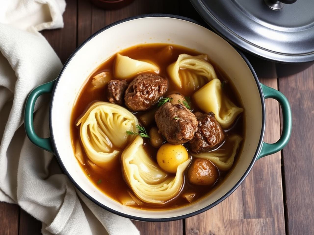 Cabbage and lamb bredie with potatoes in a heavy pot