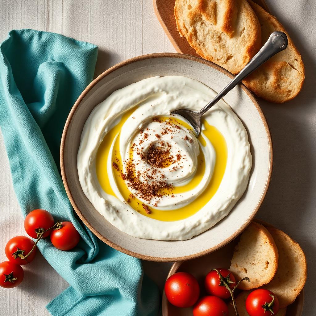 Lemon labneh with sumac, za'atar & roasted vine tomatoes